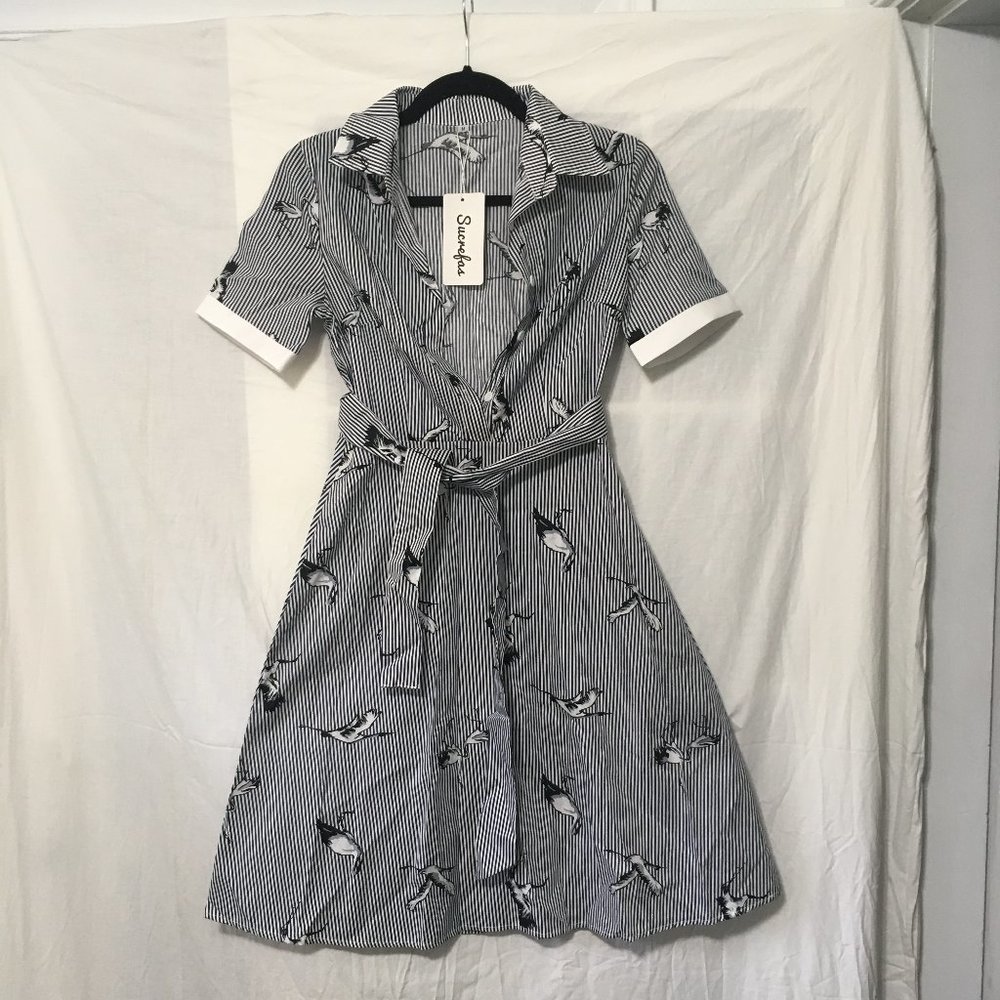 Sucrefas Blue Stripe Birds Button-Up Dress - Women NWT